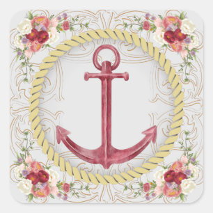 Nautische Anker- und Blumenroseate Quadratischer Aufkleber