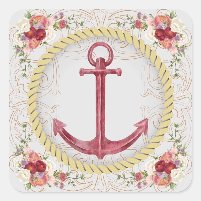 Nautische Anker- und Blumenroseate Quadratischer Aufkleber (Vorderseite)