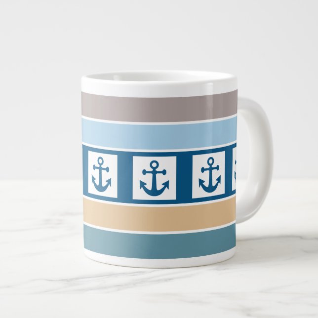 Nautische Anker- und Streifen-Tasse Jumbo-Tasse (Vorderseite Rechts)