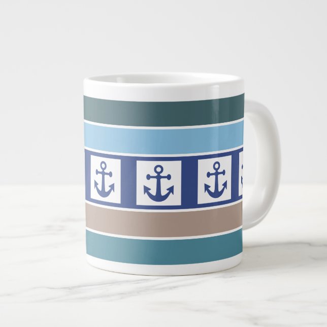 Nautische Anker- und Streifen-Tasse Jumbo-Tasse (Vorderseite Rechts)