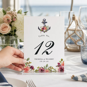 Nautische Anker-Wasserfarben-Blumenhochzeit Tischnummer