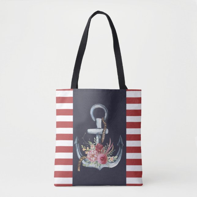 Nautische Ankerblume, Navy Blue, Rote Streifen Tasche (Vorderseite)