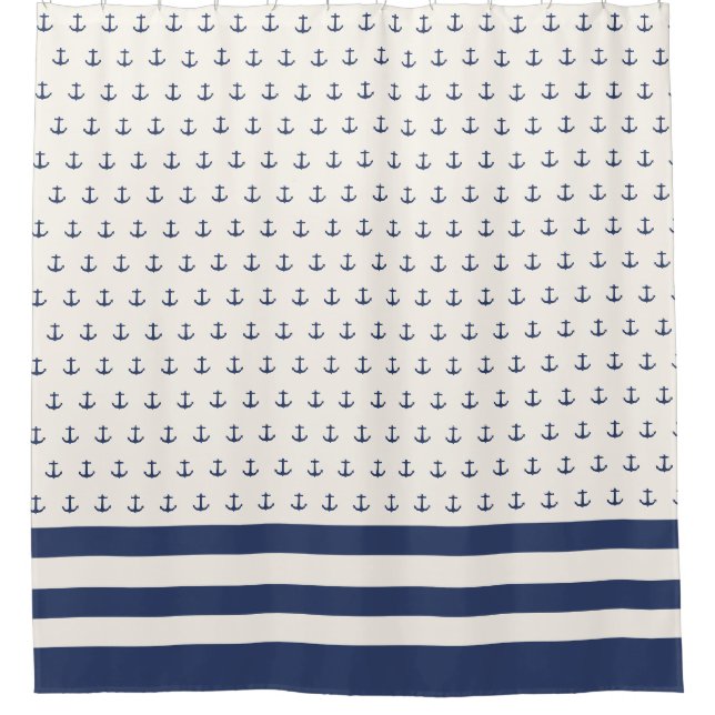 Nautische Ankerküste Streifen Navy Blue Creme Duschvorhang (Vorderseite)