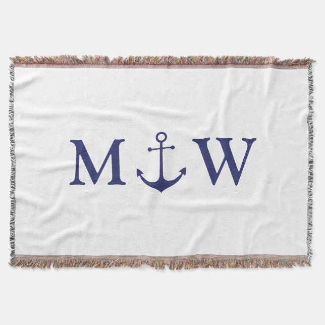 Nautische Ankernacht blaues weißes Paar monogramm Decke (Vorderseite)