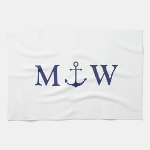 Nautische Ankernacht blaues weißes Paar monogramm Geschirrtuch