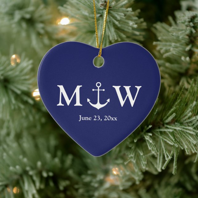 Nautische Ankernacht blaues Zierpaar Monogramm Keramik Ornament (Baum)