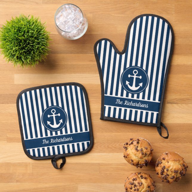 Nautische Ankerseil Navy White Stripes Custom Ofenhandschuh & Topflappen-Set (Oben Unten)