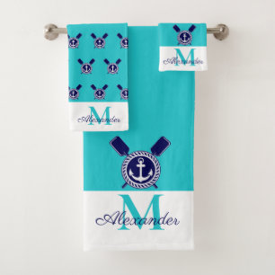 Nautische Aquamarine Navy Blue Anchor und Paddles Badhandtuch Set