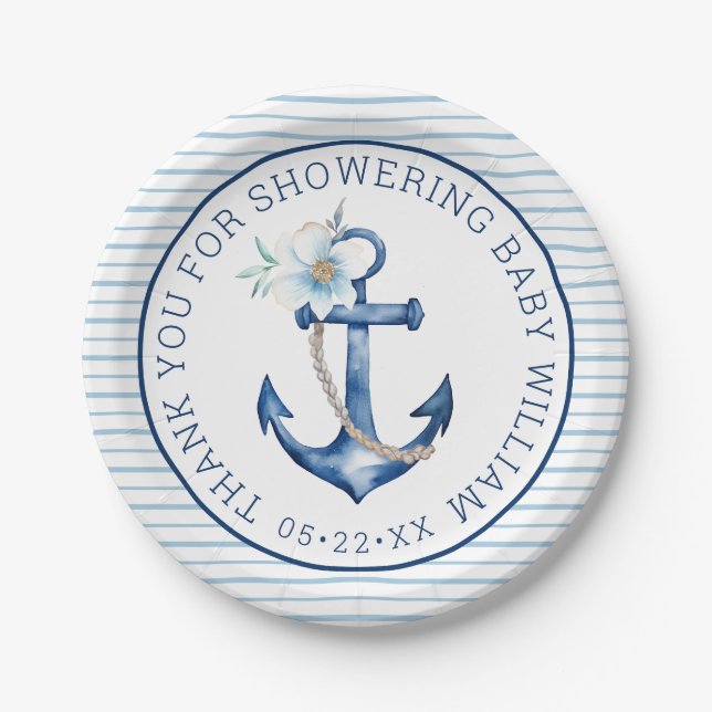 Nautische Baby-Duschpapier-Teller | Blue Anchor Th Pappteller (Vorderseite)
