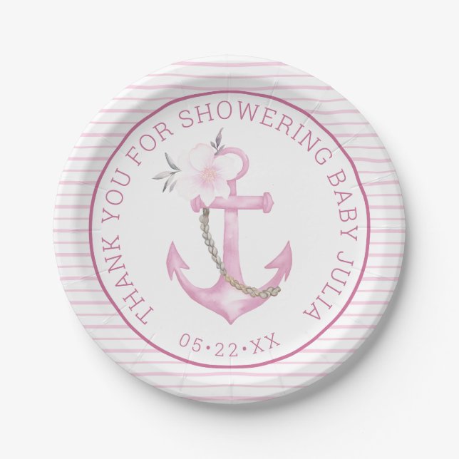 Nautische Baby-Duschpapier-Teller | Pink Anchor Th Pappteller (Vorderseite)