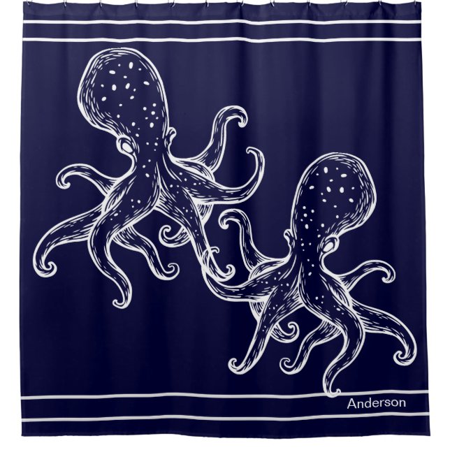 Nautische Badewanne Ocean Navy Blue Octopus Bath S Duschvorhang (Vorderseite)