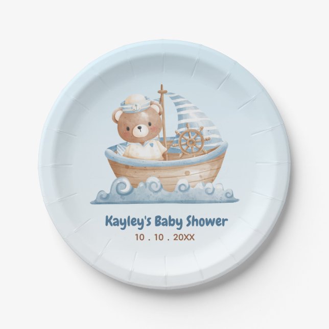 Nautische Bärenjunge Babydusche Teller (Vorderseite)