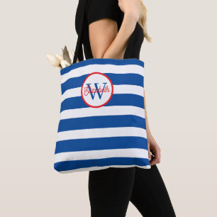 Nautische blau-weiße Streifen Monogramm Tasche