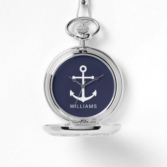 Nautische Blaue Ankerstelle mit Individuelle Name Armbanduhr (Vorderseite)
