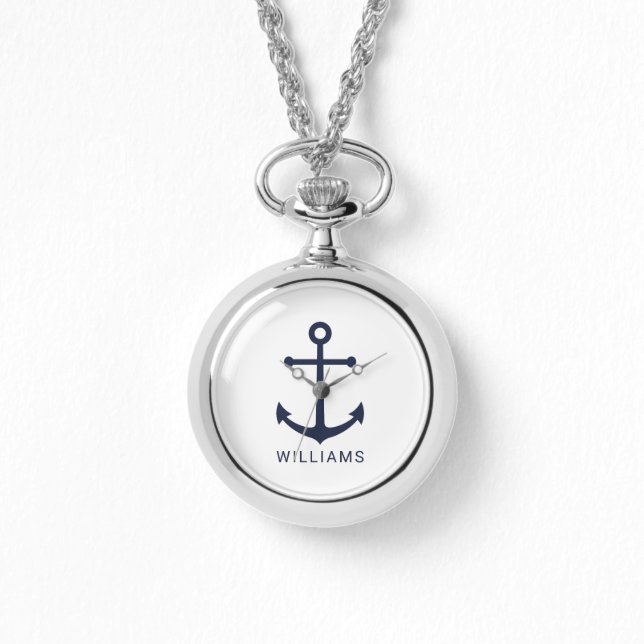 Nautische Blaue Ankerstelle mit Individuelle Name Armbanduhr (Vorderseite)