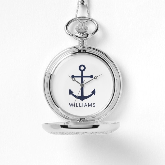 Nautische Blaue Ankerstelle mit Individuelle Name Armbanduhr (Vorderseite)