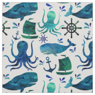 Nautische Blaue Wasserfarbe Tintenfische Meeresfis Stoff