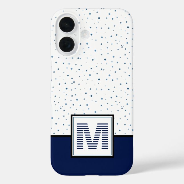 Nautische blaue weiße Punkte Streifen Monogramm iPhone 16 Hülle (Rückseite)