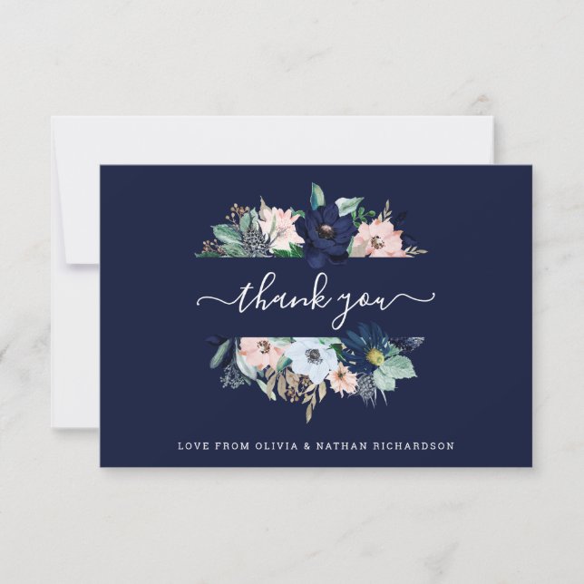 Nautische Blume Hochzeit in Blau und Rosa Dankeskarte (Vorderseite)