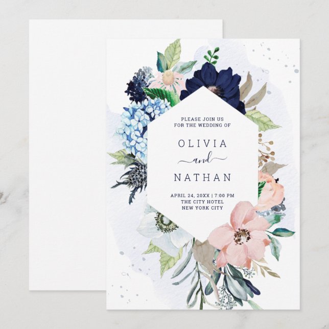 Nautische Blume Hochzeit in Blau und Rosa Einladung (Vorne/Hinten)