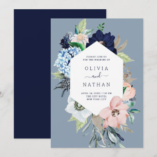 Nautische Blume Hochzeit in Blau und Rosa Einladung