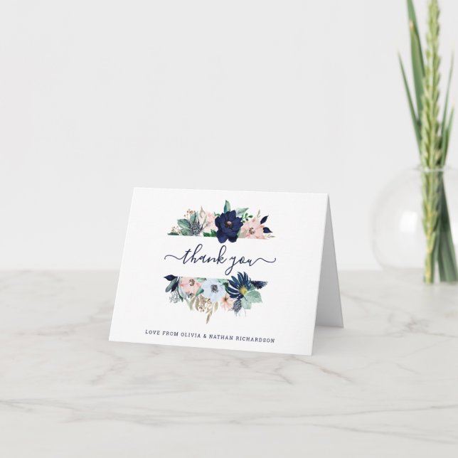 Nautische Blume Hochzeit Navy Blue und Blush Pink Dankeskarte (Vorderseite)
