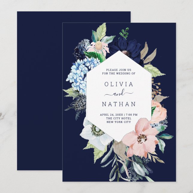 Nautische Blume Hochzeit Navy Blue und Blush Pink Einladung (Vorne/Hinten)