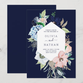 Nautische Blume Hochzeit Navy Blue und Blush Pink Einladung
