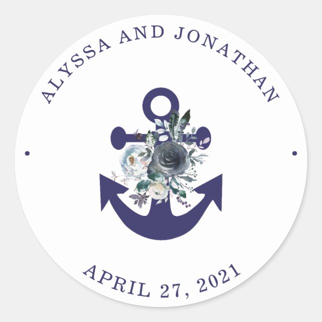 Nautische Blume | Navy Blue Floral Anchor Runder Aufkleber (Vorderseite)