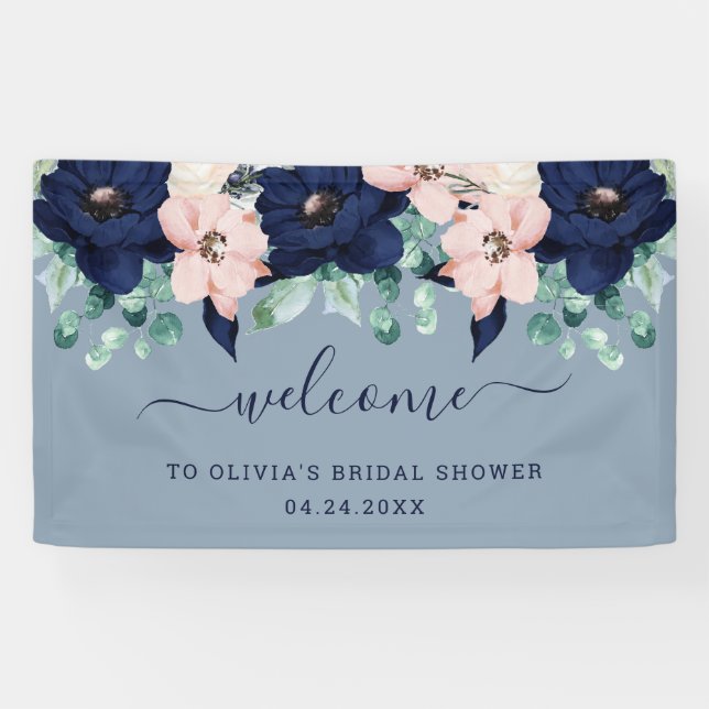 Nautische Blume Navy Blue und Blush Pink Willkomme Banner (Horizontal)