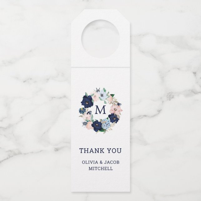 Nautische Blume und Monogramm| Hochzeit Flaschenanhänger (Vorderseite)