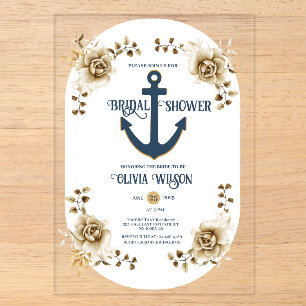 Nautische Brautparty Anker Blau Gold Blumen Acryleinladungen
