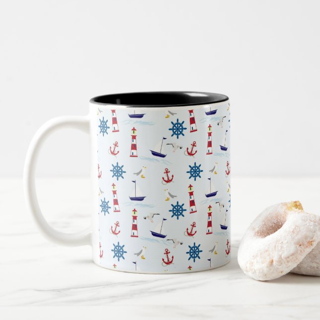 Nautische Collage Zweifarbige Tasse (Mit Donut)