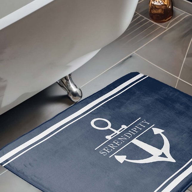 Nautische Dekoration Boat Anchor Navy Personalisie Badematte (nautical decor bath mat boat name custom personalized new owner gift white navy anchor)