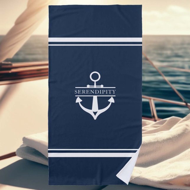 Nautische Dekoration Boat Anchor Navy Personalisie Strandtuch (nautical decor personalized beach towel boat name anchor white navy custom new owner gift elegant)