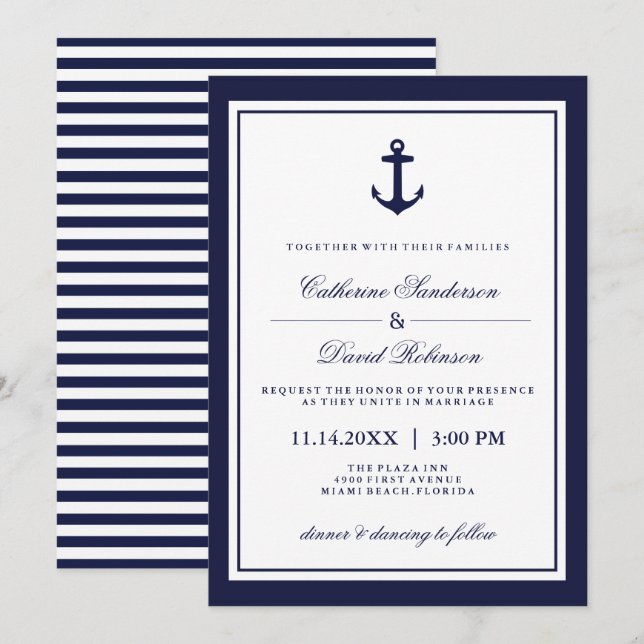 Nautische Einladungen zu Hochzeiten mit Marinestre (Vorne/Hinten)