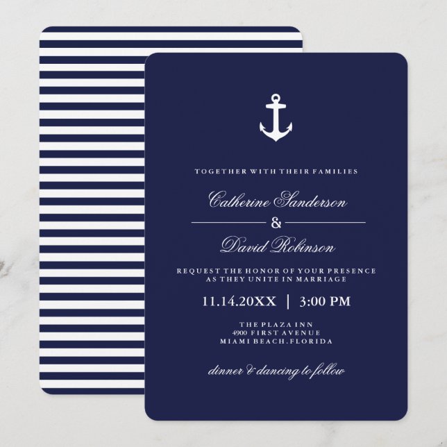 Nautische Einladungen zu Hochzeiten mit Marinestre (Vorne/Hinten)