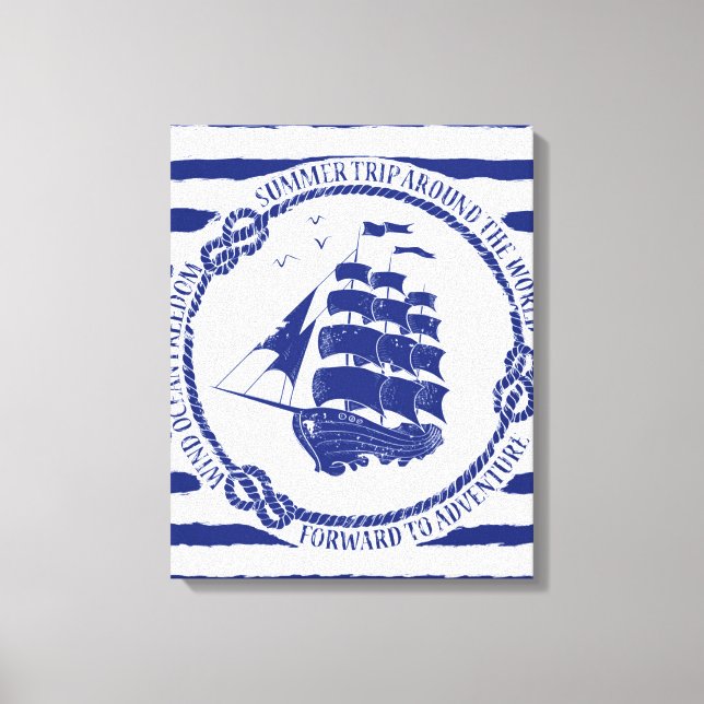 Nautische Emblem mit Segelschiff Leinwanddruck (Vorderseite)