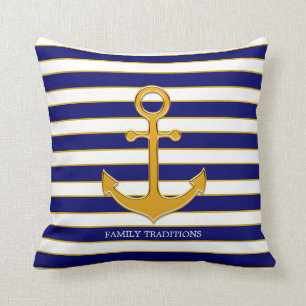 Nautische Familie Goldener Anker auf Navy Blau & W Kissen