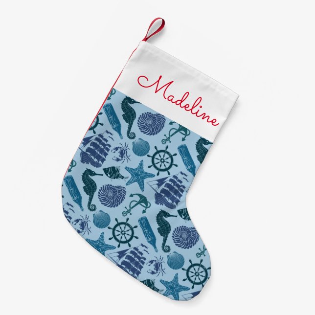 Nautische Farbtöne des Blauen Musters| Name hinzuf Kleiner Weihnachtsstrumpf (Vorderansicht (hängend))