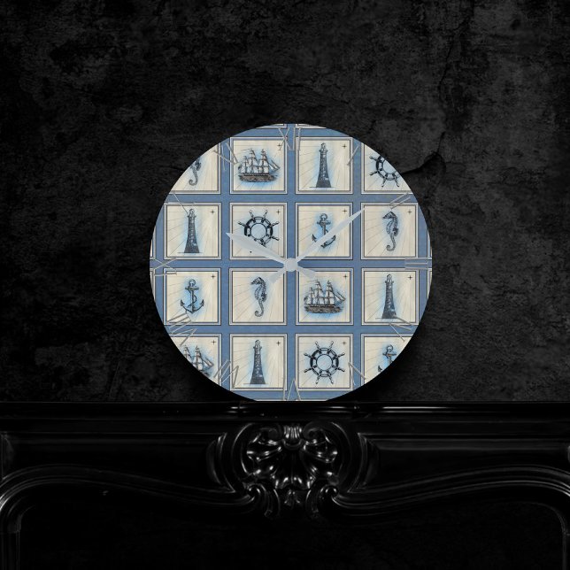 Nautische Fliesen | Blue Lighthouse Anchor Ship Wh Runde Wanduhr (Von Creator hochgeladen)
