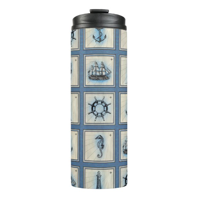 Nautische Fliesen | Blue Lighthouse Anchor Ship Wh Thermosbecher (Vorderseite)