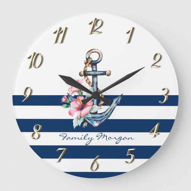 Nautische, florale Anker Blaue Streifen der Marine Große Wanduhr (Vorderseite)