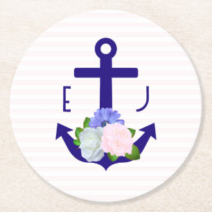 Nautische florale Streifen Hochzeit Runder Pappuntersetzer