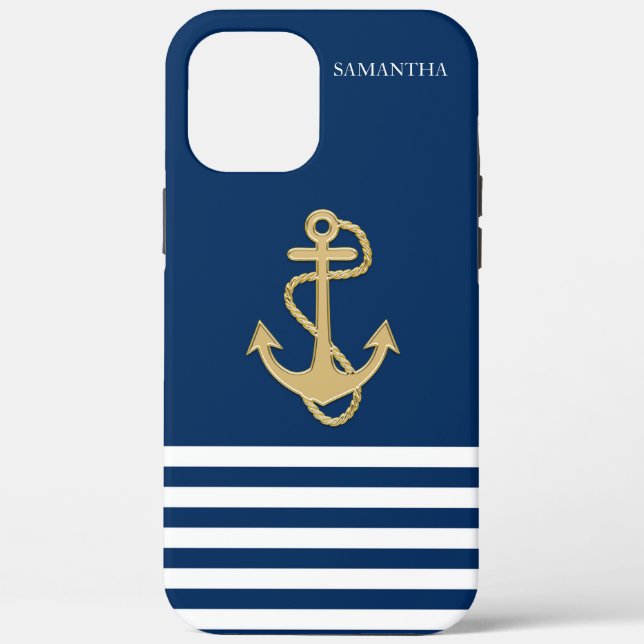 Nautische, Gold Anchor Navy Blue Striped Case Mate (Rückseite)