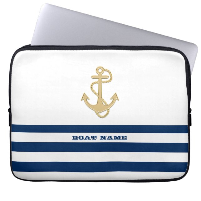 Nautische, goldene Anker blaue Streifen der Marine Laptopschutzhülle (Vorderseite)