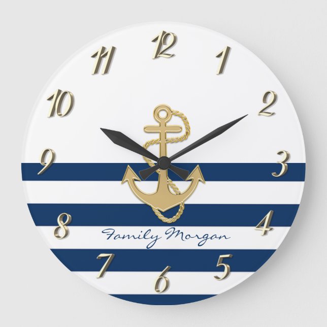 Nautische, goldene Anker blaue Streifen Große Wanduhr (Vorderseite)