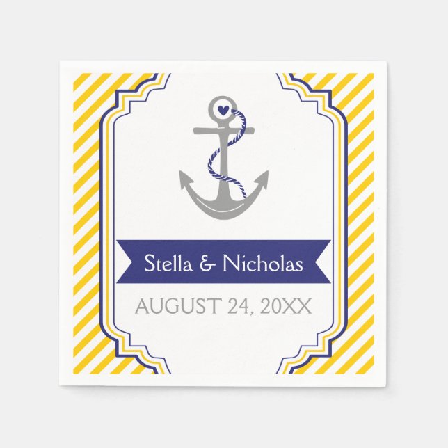 Nautische graue Ankermarineblau, gelbe Hochzeit Serviette (Vorderseite)