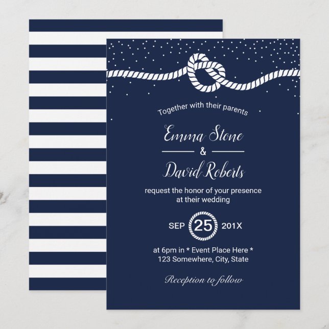 Nautische Hochzeit bindet das Herz der Navy blau Einladung (Vorne/Hinten)