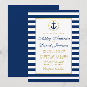 Nautische Hochzeit Blaue Streifen Goldene Einladun Einladung